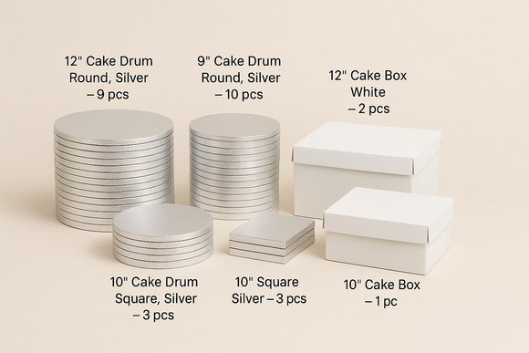 Mixed Bulk Pack of 25 Cake Drums and Cake Boxes  – 5 Items Selection